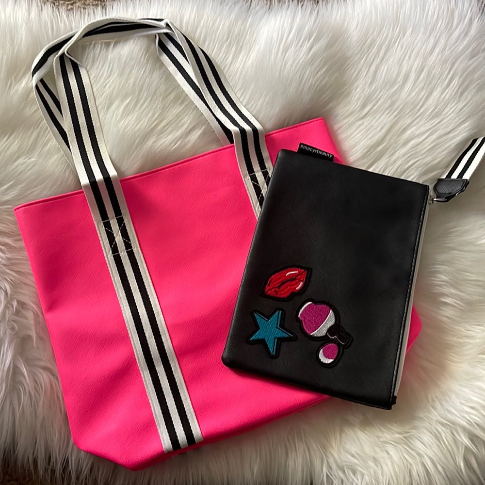 MACY"S Hot Pink Shoulder Tote Black-White Striped Straps  & Wristlet Makeup Bag